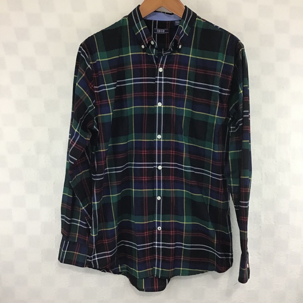 IZOD Mens Large Plaid Button Down Shirt Long Sleeve Navy Green Red Multi-Color